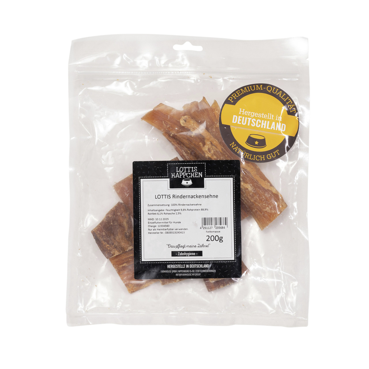 LOTTIS HÄPPCHEN Rindernackensehne, Premium-Kauartikel für Hunde, 200 g, natürliche Zahnpflege, geeignet für alle Hunderassen.