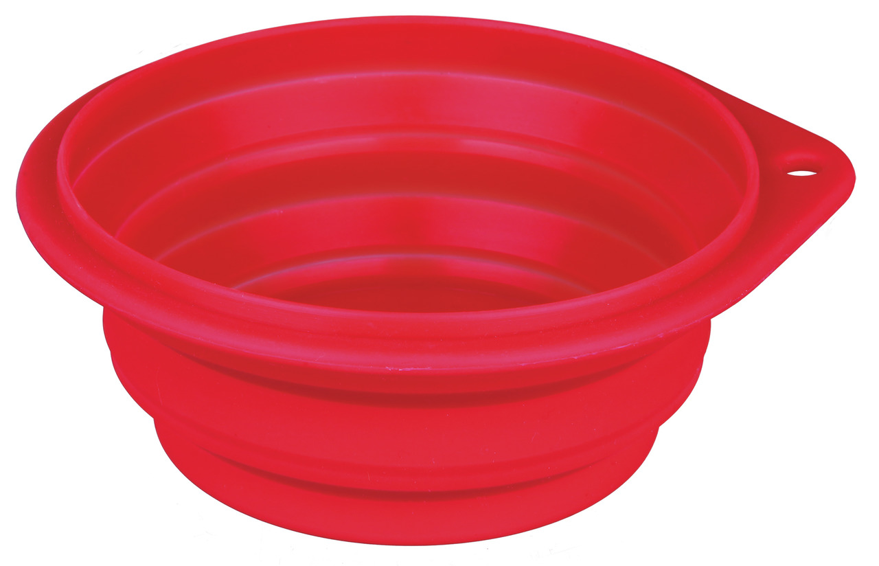 Rote, faltbare Hundenapf-Schüssel von TRIXIE, ideal für unterwegs. Zielgruppe: Hundehalter. Material: Silikon, leicht und platzsparend zusammenklappbar. Perfekt für Wasser oder Futter. Praktische Öse zum Aufhängen. Geschmacksneutral und hygienisch. EAN: 4