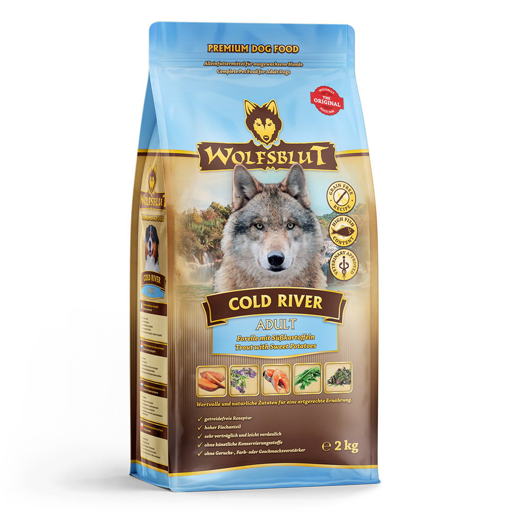 WOLFSBLUT Cold River Adult, 2 kg, für ausgewachsene Hunde, Forelle & Süßkartoffeln, getreidefrei, hoher Fleischanteil, leicht verdaulich.