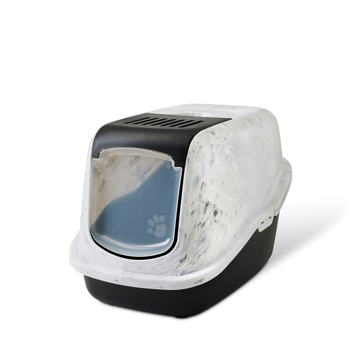 Das Bild zeigt die Katzentoilette "SAVIC Nestor Marble" für Katzen. Sie ist in einer modernen Marmoroptik gestaltet und verfügt über eine schwarze Basis sowie eine weiße Haube mit einer halbtransparenten Schwingtür, die ein Pfotenmotiv trägt. Die Toilette