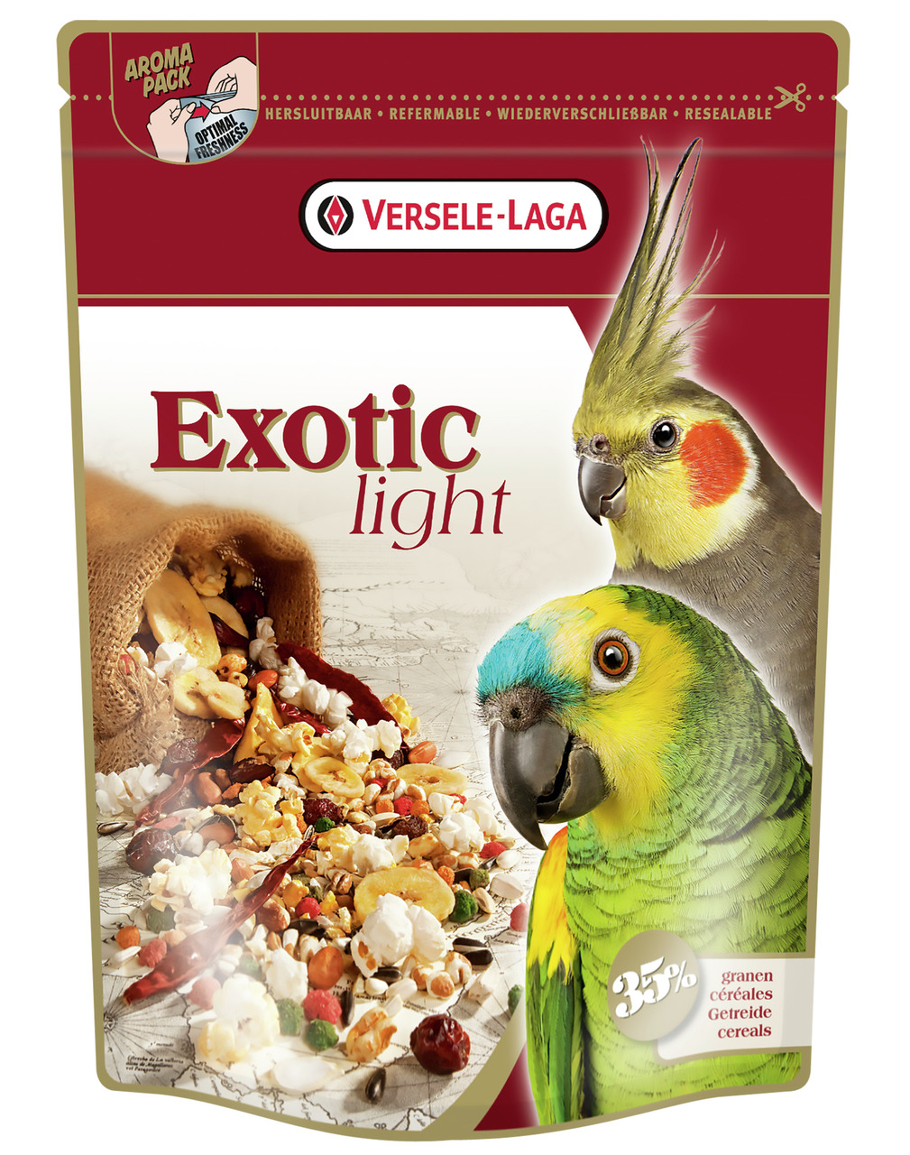 Versele-Laga Exotic Light, Papageien & Sittiche, Früchte/Nüsse/Getreide, 35 % Getreide, Aromapack, wiederverschließbar.