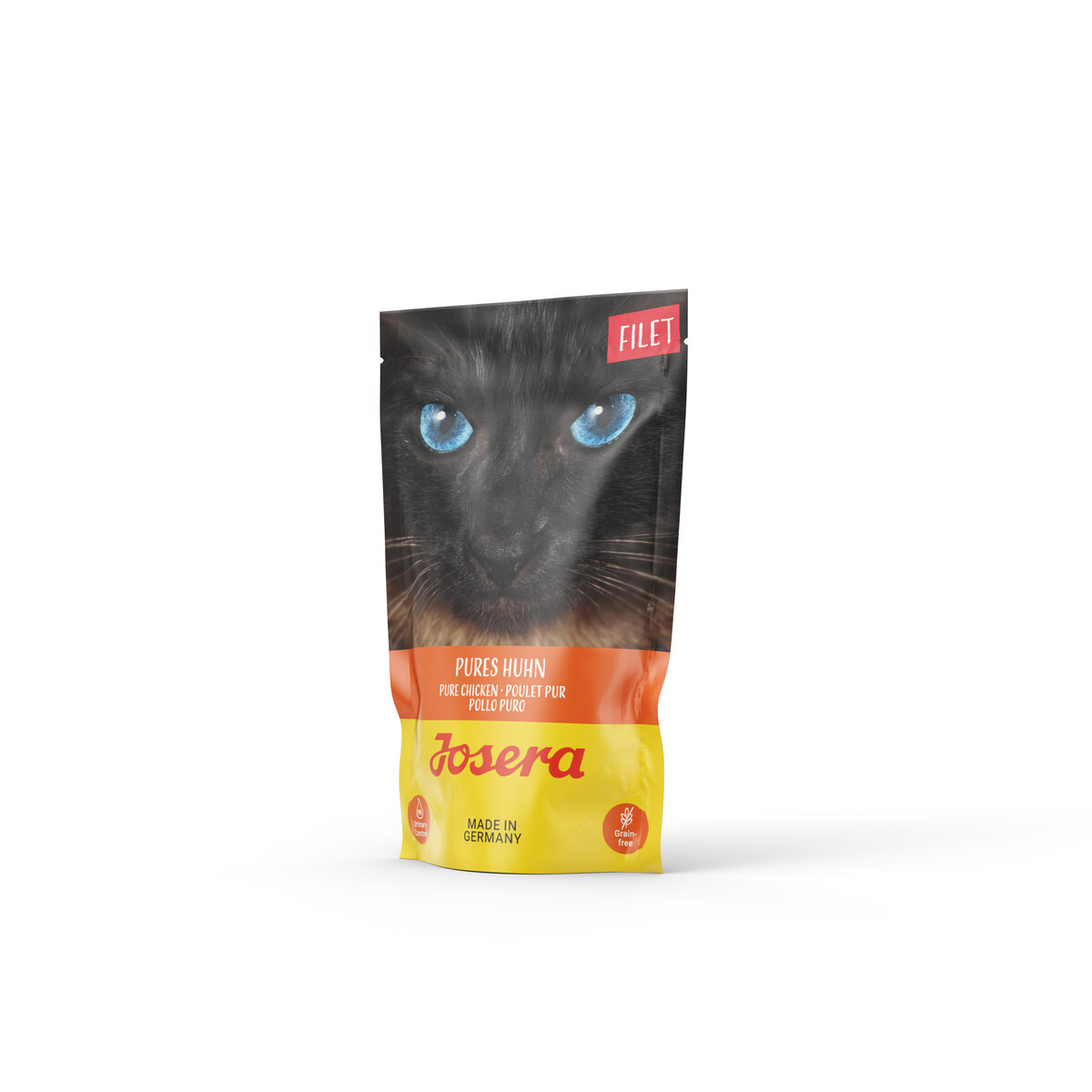 Das Bild zeigt eine Verpackung des Katzenfutters „Josera Filet Pures Huhn“. Die Zielgruppe sind Katzen. Das Produkt enthält reines Hühnerfilet und ist getreidefrei. Die Verpackung ist gelb-orange mit einem auffälligen Bild einer schwarzen Katze mit blauen