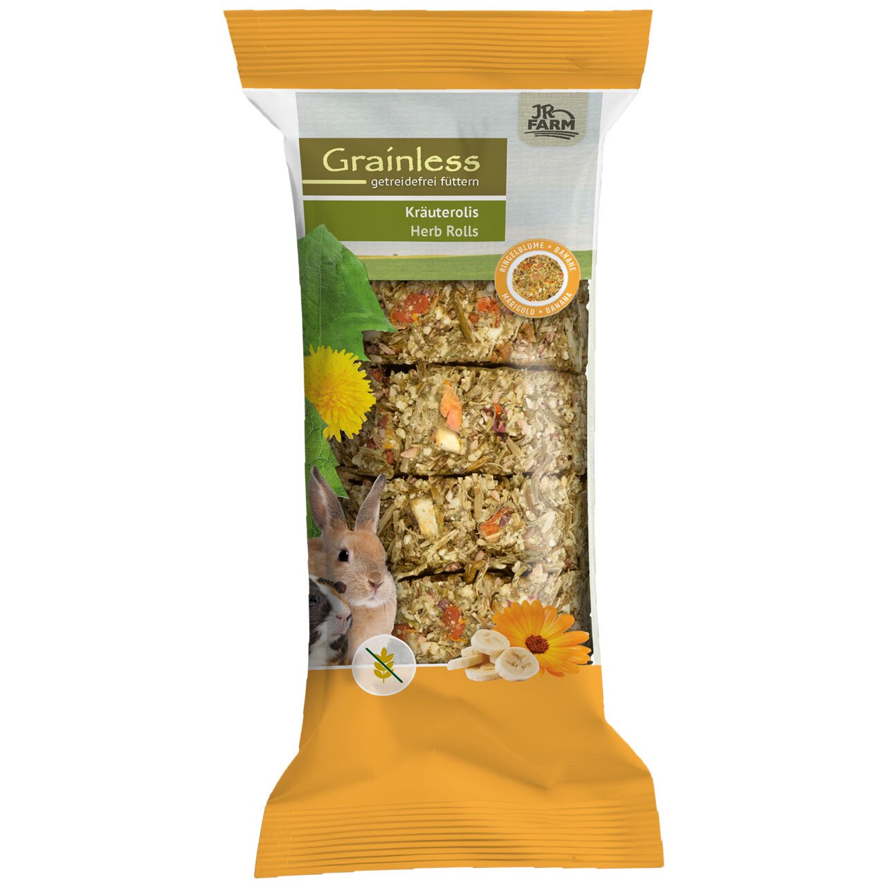 JR FARM Grainless Kräuterolis für Kaninchen und Nagetiere, Banane und Ringelblume, getreidefrei, 140g, gesundes Leckerli.