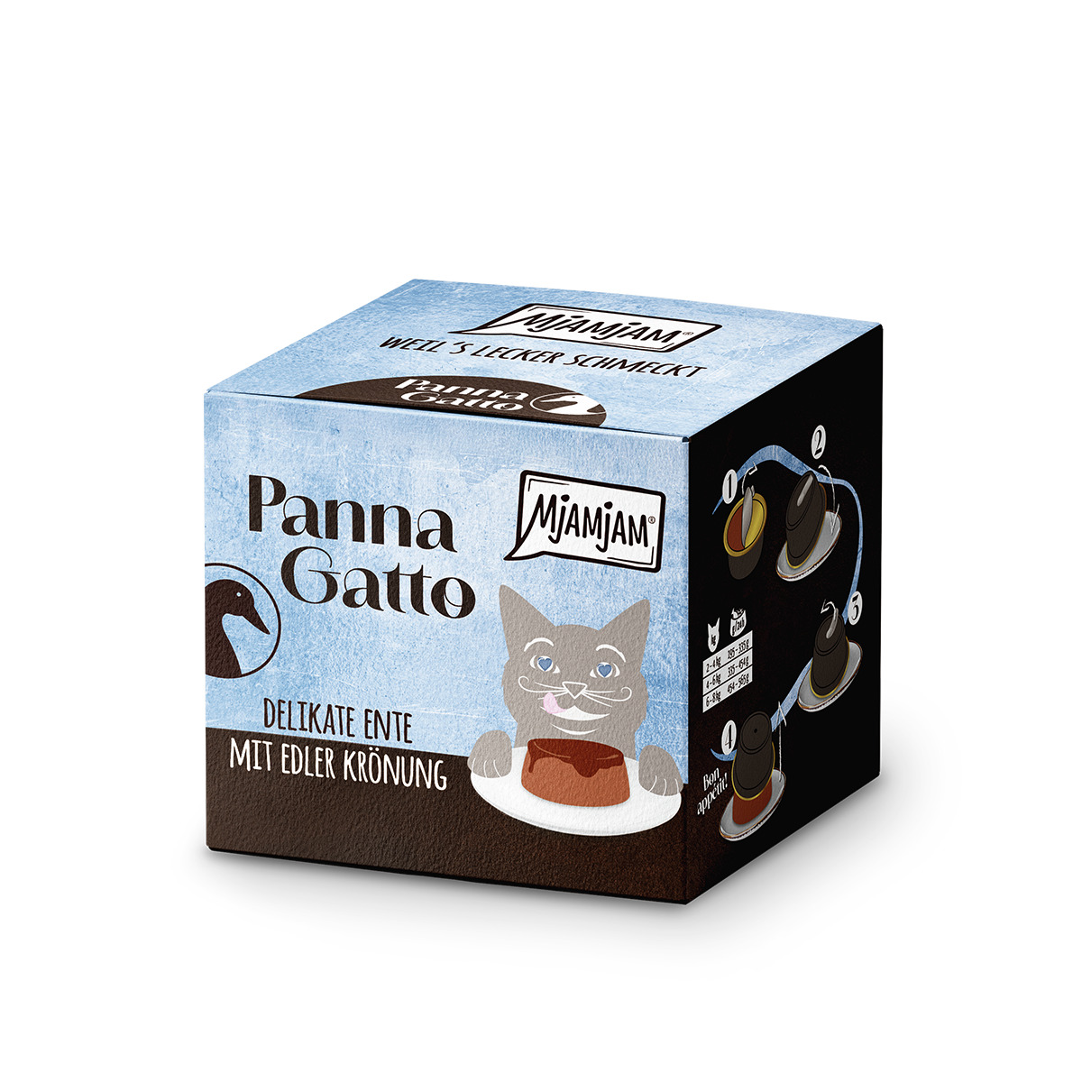 MJAMJAM Panna Gatto Katzenfutter, Delikate Ente m. edler Krönung, für Katzen, 125g, mit Serviervorschau u. Katzen-Illustration.