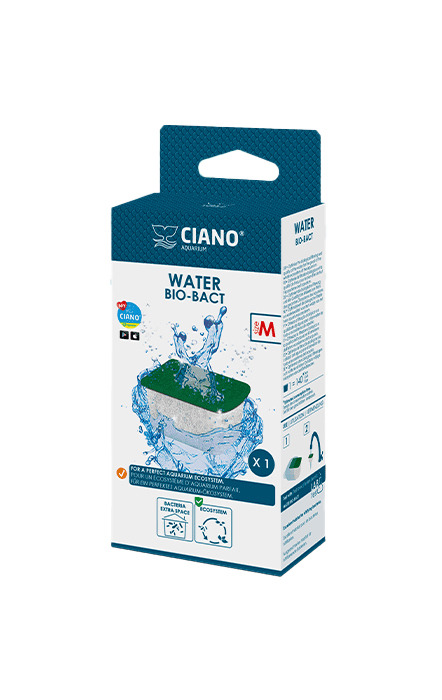 Ciano Water Bio-Bact, Filtermedium f. Aquarienbesitzer, biolog. Wasseraufbereitung, 1 Stk., mit Filter-Illustration u. Wasserspritzern.