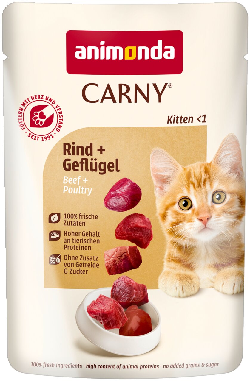 animonda Carny Kitten Katzenfutter für Kitten, Rind + Geflügel, hoher Proteingehalt, getreide- und zuckerfrei.