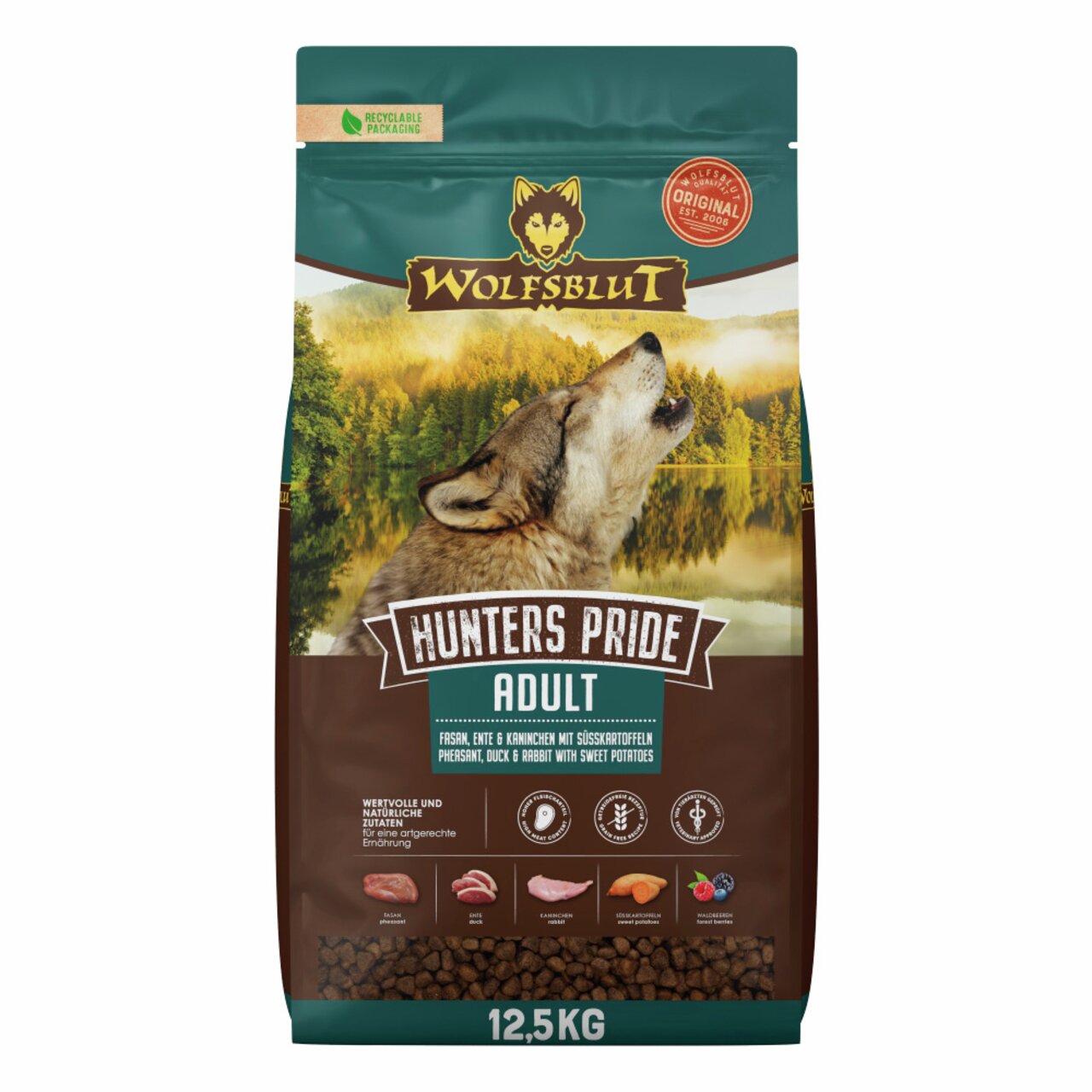WOLFSBLUT Hunters Pride Adult, für Hunde, Geschmacksrichtung Fasan & Ente, besser mit Süßkartoffeln, 12,5 kg.