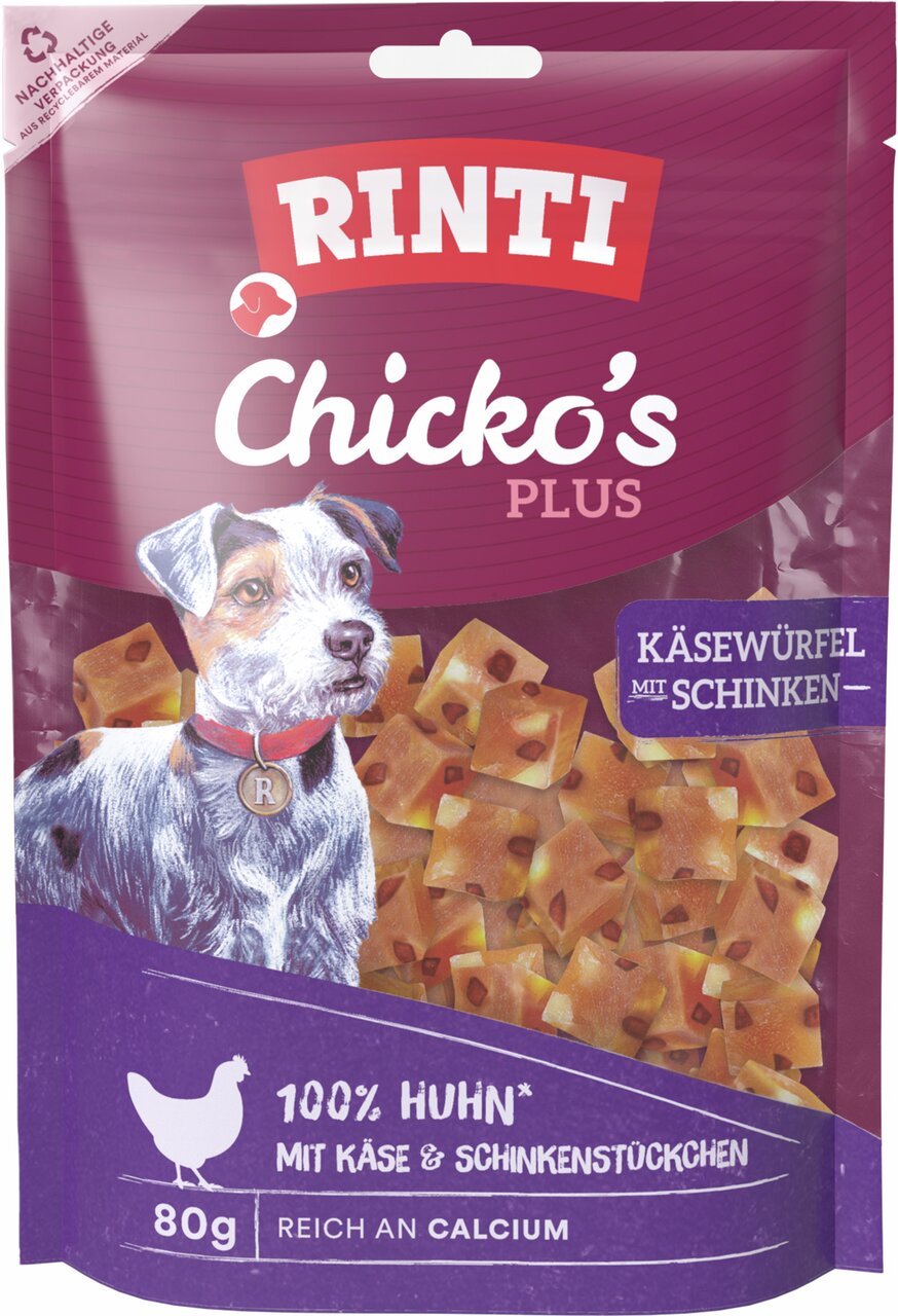 RINTI Chicko's Plus Käsewürfel m. Schinken, Hundesnack f. ausgew. Hunde, Geschm.: Huhn m. Käse+Schinken, 80 g, reich an Calcium.