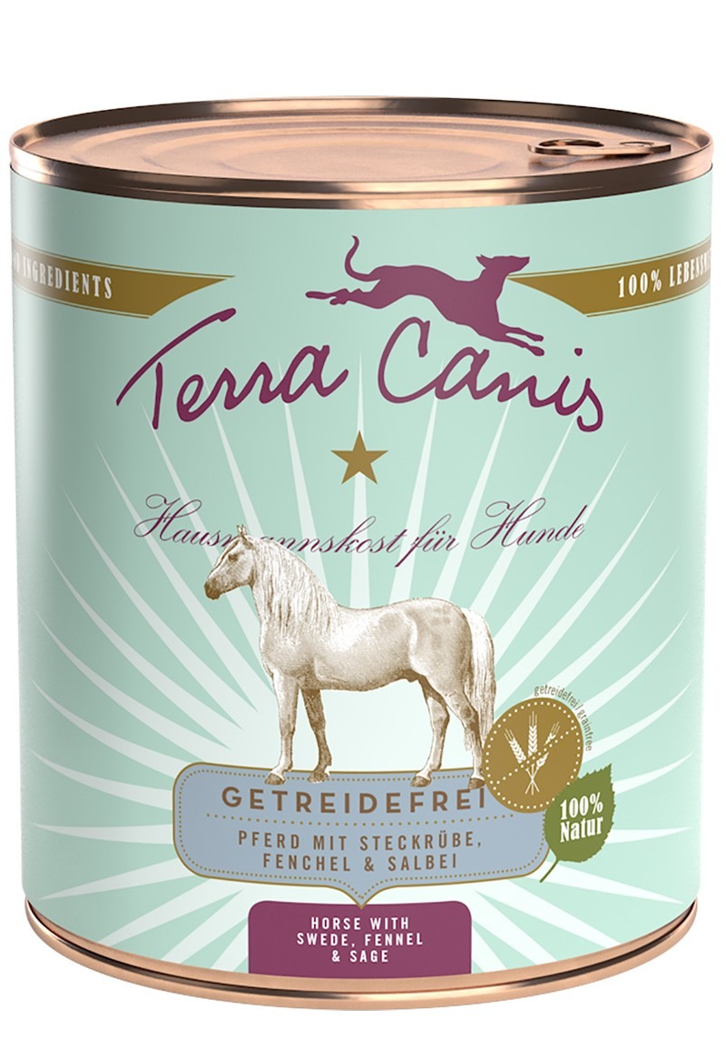 Terra Canis Getreidefrei Pferd mit Steckrübe, Fenchel & Salbei 800g Dose Hundenassfutter