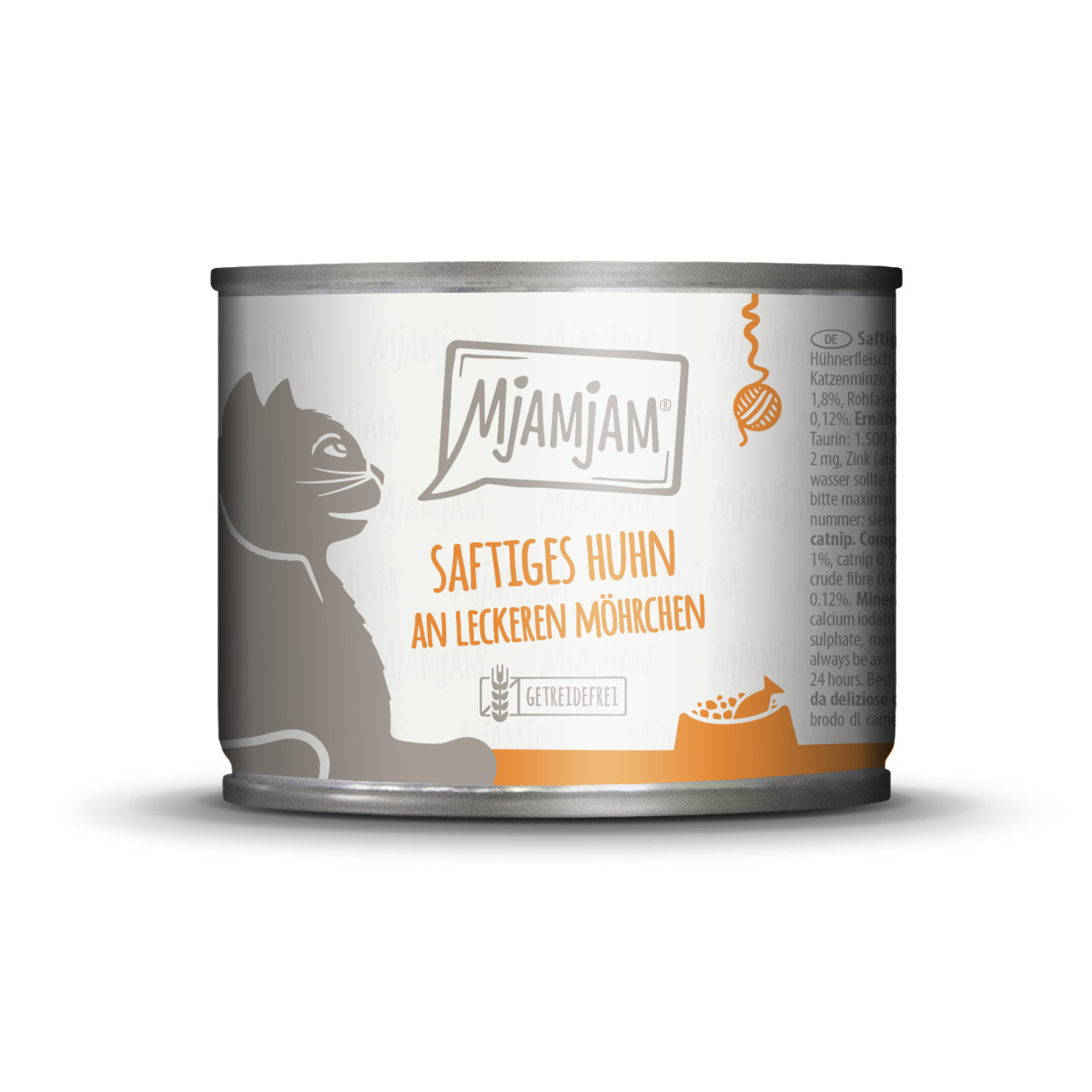 Mjamjam Katzenfutter „Saftiges Huhn an Möhrchen“, getreidefrei, 200 g, für Katzen.