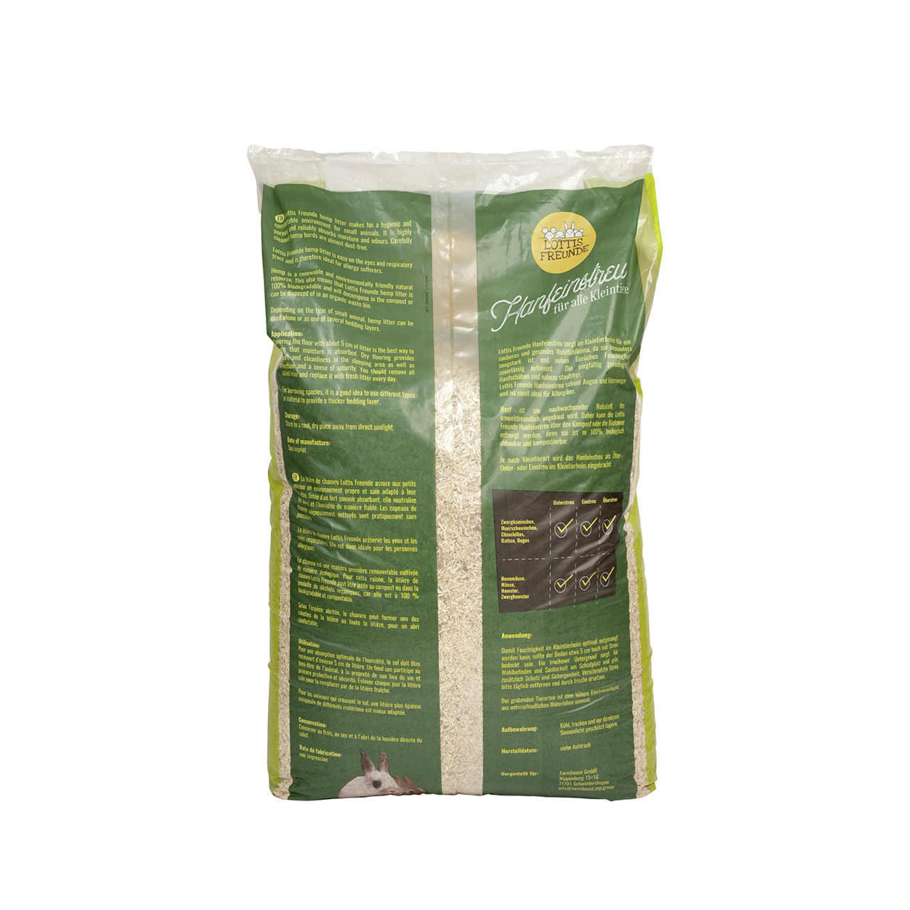 Das Bild zeigt eine grüne Verpackung des Produkts „Lottis Freunde Hanfeinstreu für alle Kleintiere“. Die Zielgruppe sind Kleintiere wie Kaninchen oder Meerschweinchen. Die Verpackung enthält 10 Liter Einstreu aus Hanf, das staubarm und umweltfreundlich is