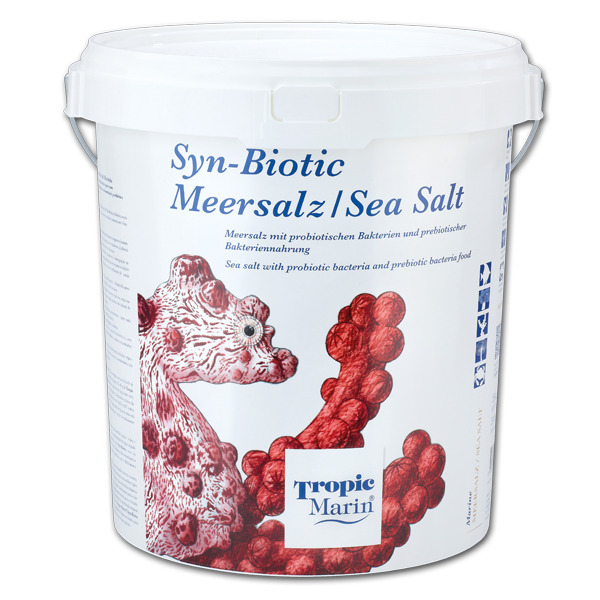 Tropic Marin Syn-Biotic Meersalz, Aquaristik, probiotische Bakterien & präbiotische Nahrung, rotes Seepferdchen, weißer Eimer.