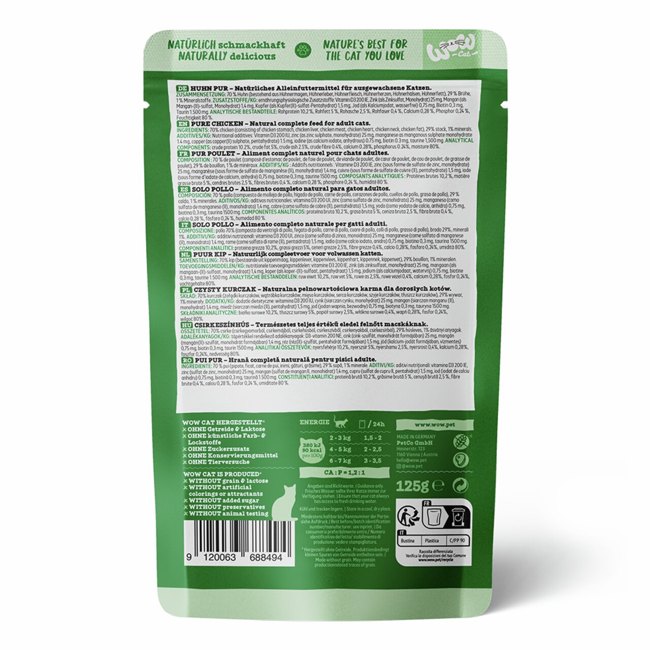 WOW CAT Huhn Pur, für ausgewachsene Katzen, Geschm.: Huhn, 125 g, ohne Getreide, künstl. Stoffe, Zucker, Konservierung, Tierversuche.