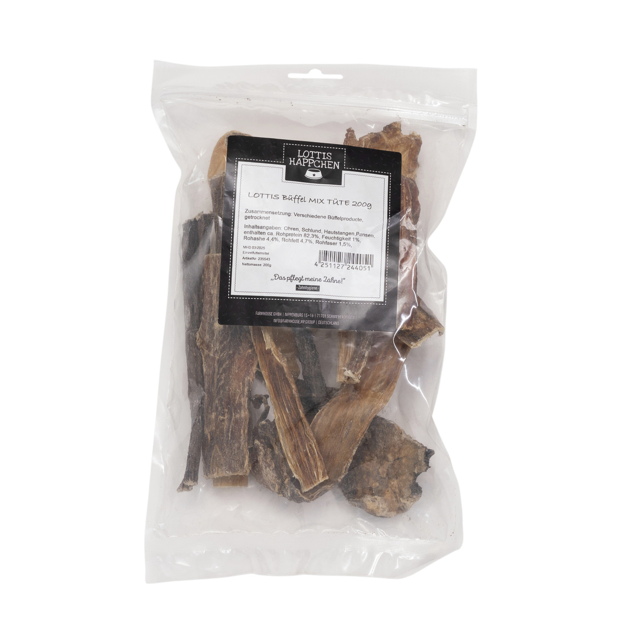 Das Bild zeigt eine transparente Verpackung mit der Aufschrift „Lottis Häppchen Büffel Mix Tüte 200 g“. Die Marke „Lottis Häppchen“ bietet hier einen natürlichen Kausnack für Hunde an. Der Inhalt besteht aus verschiedenen getrockneten Büffelprodukten, ide