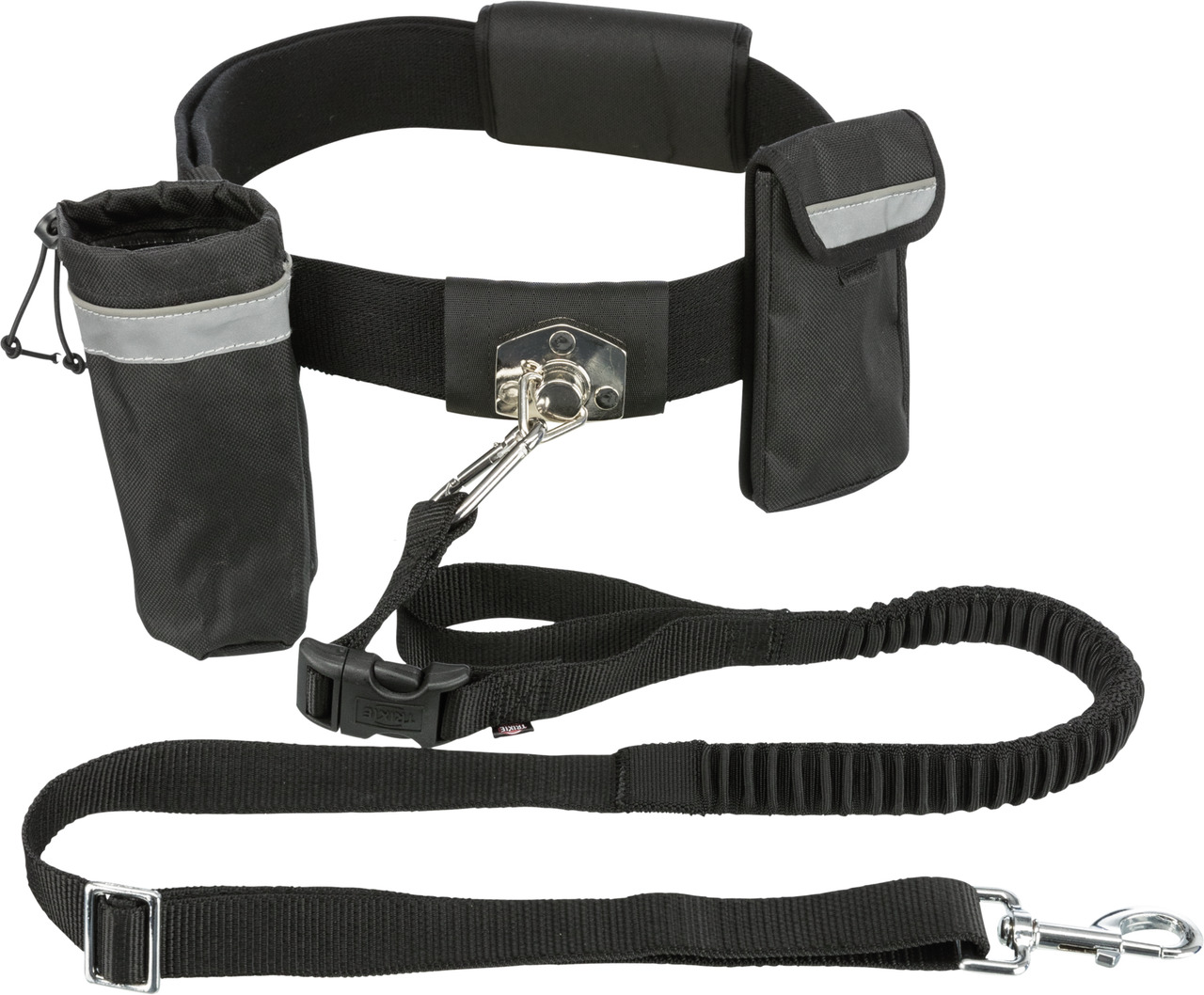 Das Bild zeigt das TRIXIE Bauchgurt-Set mit Leine, ein Produkt für Hundebesitzer. Es besteht aus einem verstellbaren Bauchgurt mit reflektierenden Elementen, einer elastischen Leine mit Karabinerhaken sowie zwei Taschen für Zubehör. Zielgruppe sind aktive