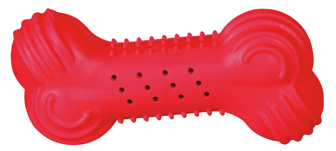 Rotes Hundespielzeug in Knochenform der Marke TRIXIE, Modell "Denta Fun". Geeignet für Hunde aller Größen. Das Spielzeug dient der Zahnpflege durch genoppte Oberflächen und Löcher, die Kaubelohnungen aufnehmen können. Aus robustem Material gefertigt, idea