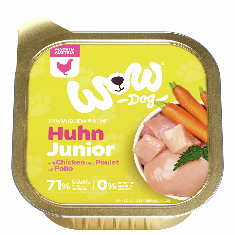 Das Bild zeigt eine Verpackung des Hundefutters „WOW DOG Huhn Junior“, geeignet für junge Hunde. Die Geschmacksrichtung ist Huhn, mit 71 % Fleisch und Innereien. Es ist getreide- und glutenfrei. Die Verpackung enthält eine Abbildung von Hühnerfleisch und 