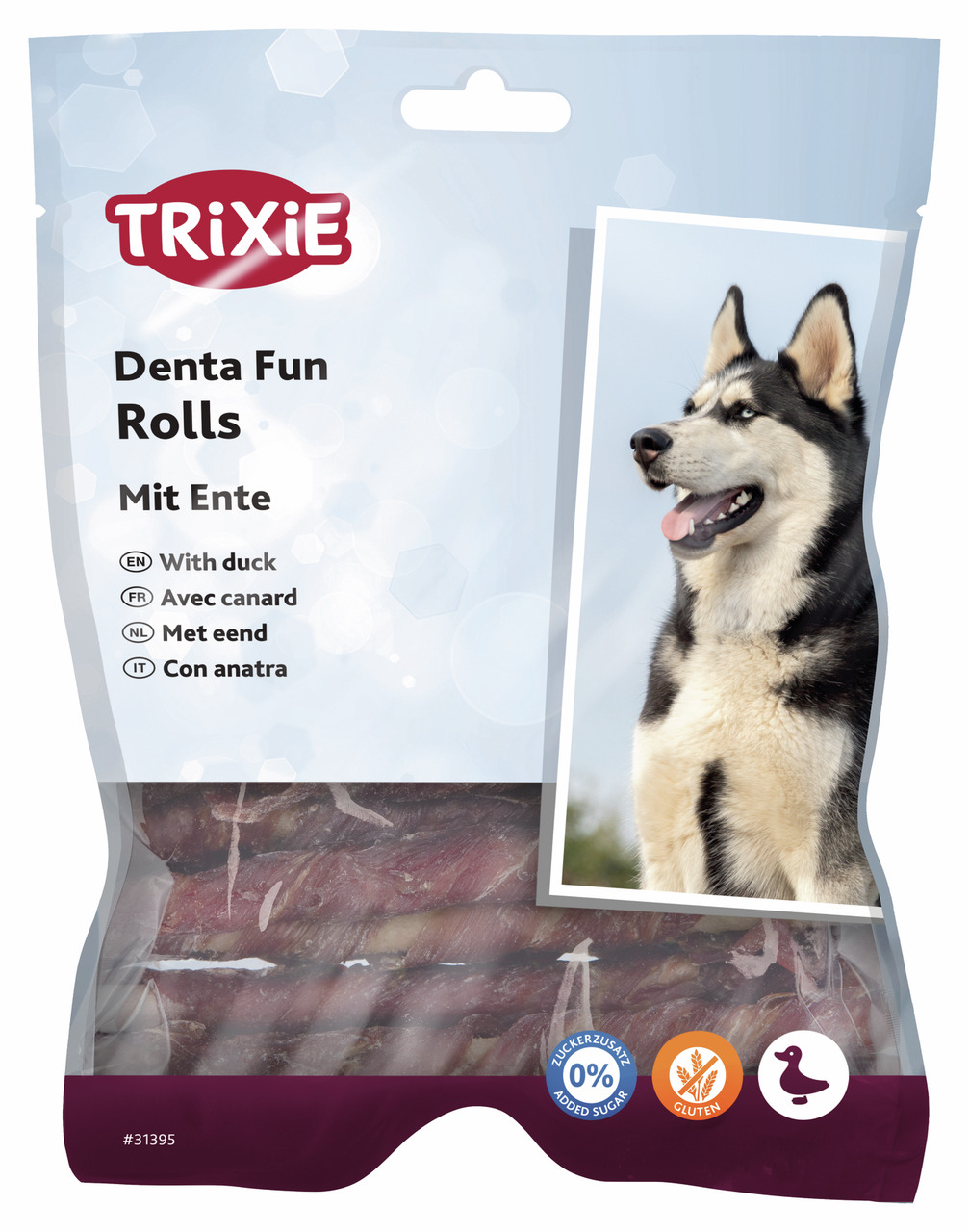 TRIXIE Denta Fun Rolls mit Ente, Hundesnack, Ente, ohne Zuckerzusatz, glutenfrei, durchsichtig, gedrehte Kaustangen, Husky, Hunde.
