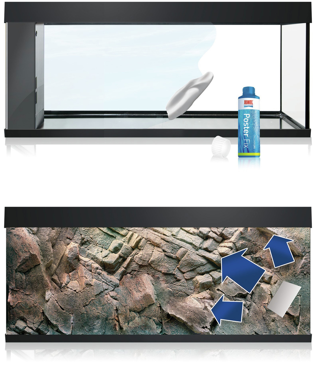 Das Bild zeigt ein JUWEL Aquarium mit Zubehör. Im oberen Bereich ist ein leeres Aquarium mit transparenten Glaswänden zu sehen, daneben eine Tube JUWEL Poster Fix, ein Produkt zur Befestigung von Rückwänden. Im unteren Bereich ist das Aquarium mit einer r