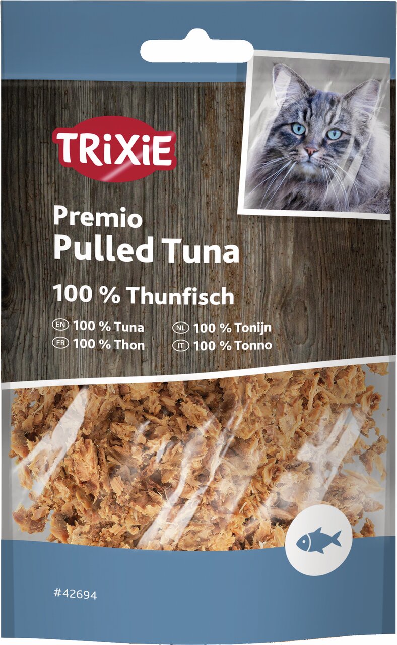 TRIXIE Premio Pulled Tuna, Katzensnack mit 100 % Thunfisch, proteinreich, 50 g, ideale Belohnung für Katzen.