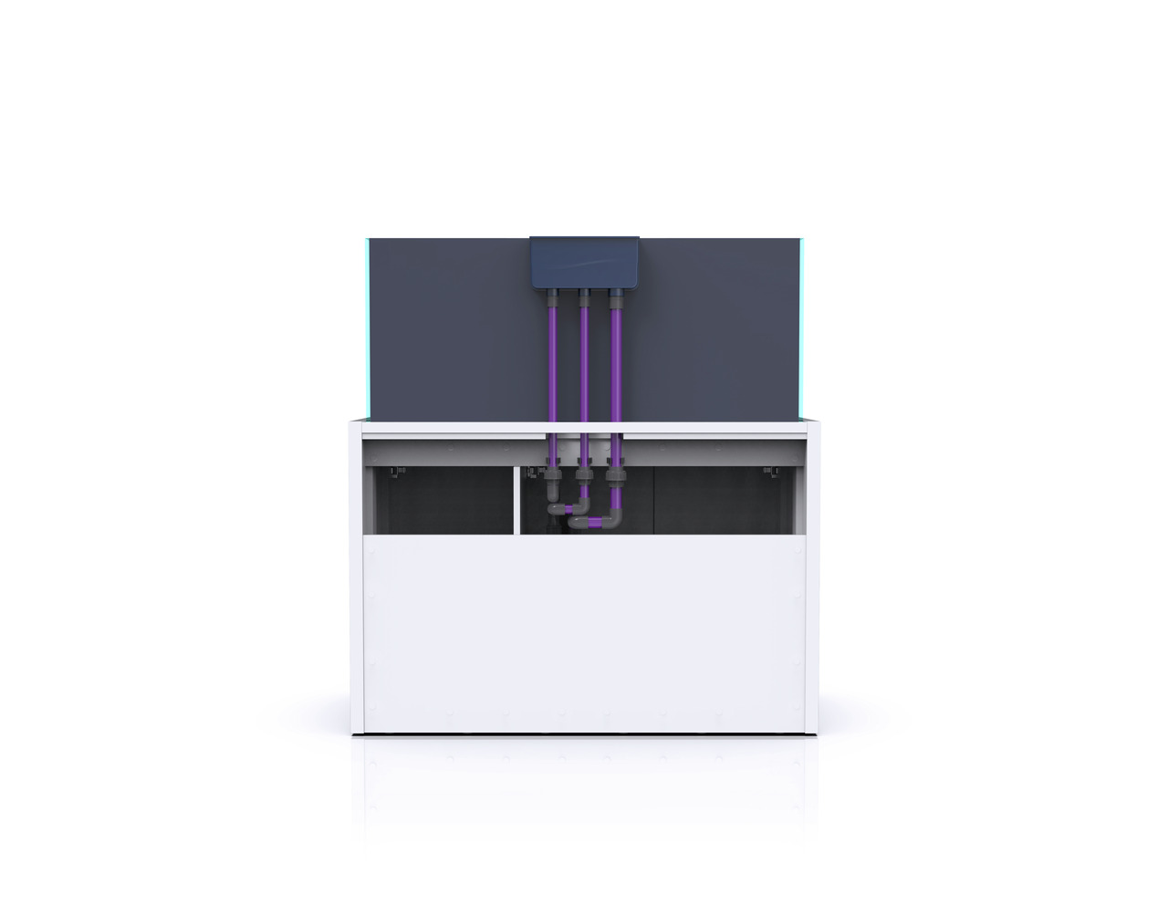Nyos® OPUS G2 300: Aquarium-Komplettsystem für Meerwasser, Technik+Verrohrung in Lila, weißer Unterschrank, Filterbecken.