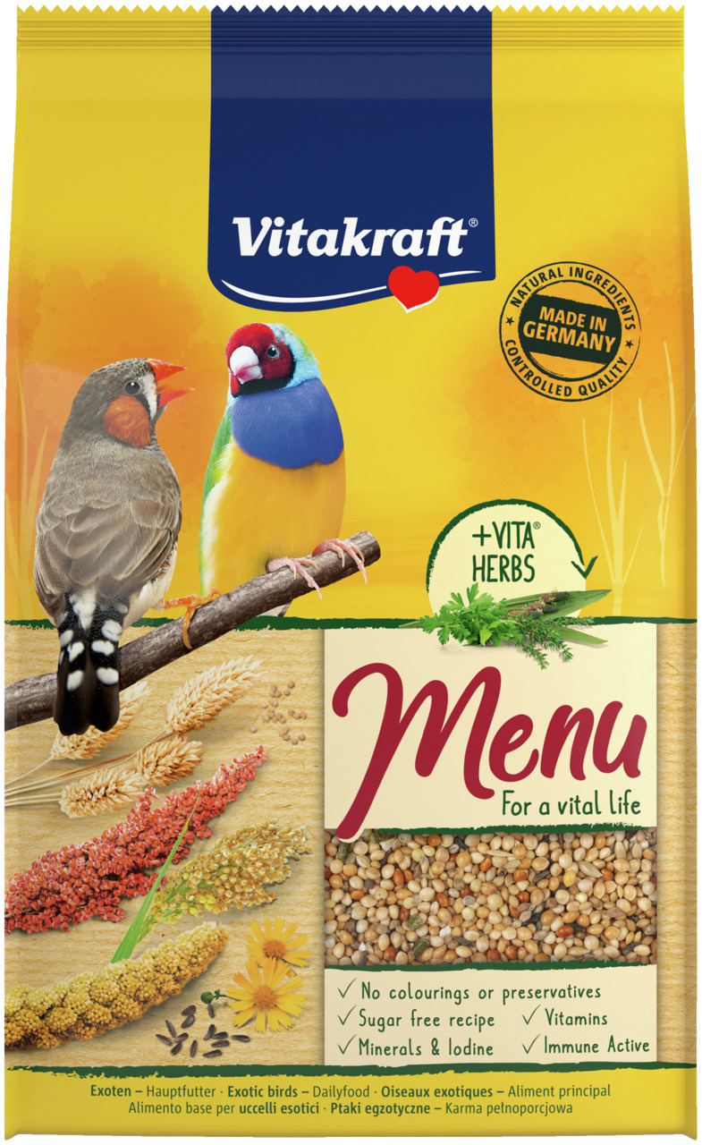 Vitakraft Menu, 1 kg Futter für Ziervögel (Finken, Papageien), Saaten & Kräuter, ohne Farb--Konservierungsstoffe, mit Vitaminen, Immune Active.