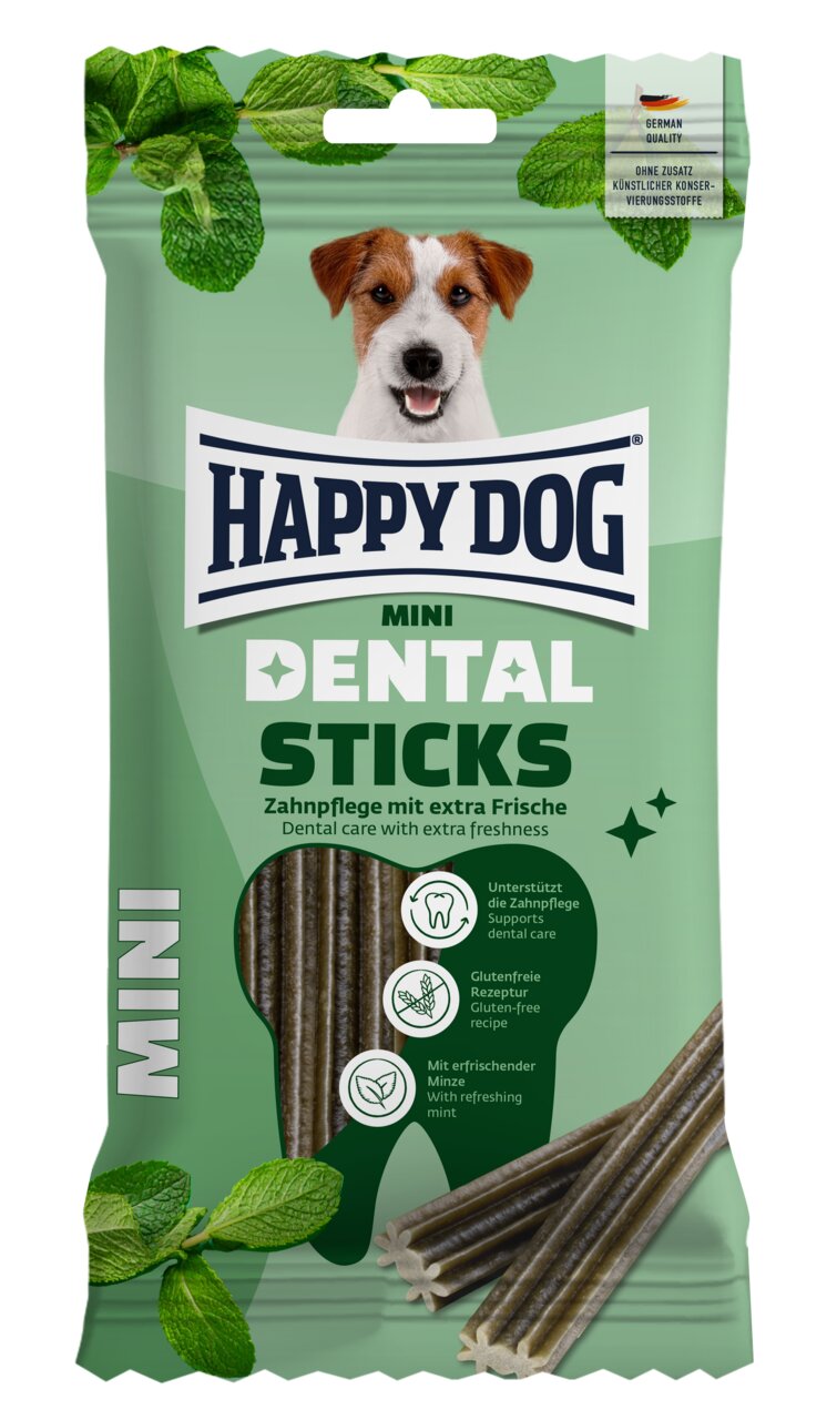 HAPPY DOG Mini Dental Sticks für Hunde, erfrischende Minze, zahnfreundlich, glutenfrei, 7 Sticks, Zahnpflege mit extra Frische.