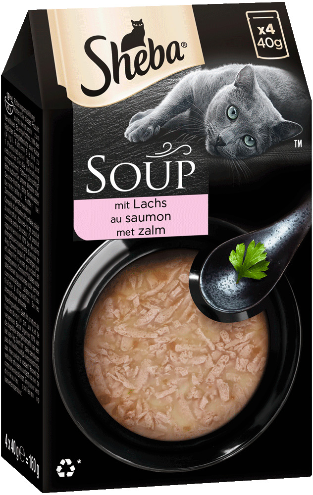 Sheba Soup mit Lachs für Katzen, 4x40g (160g), feine Konsistenz, hochwertige Qualität.