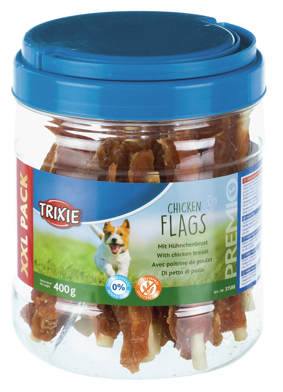 TRIXIE Chicken Flags: Hundesnacks für ausgewachsene Hunde, Hühnerbrust, glutenfrei, ohne Zuckerzusatz, 400 g.