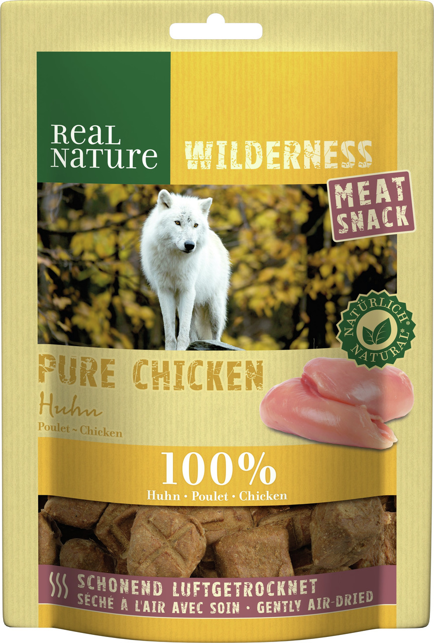 REAL NATURE Wilderness Meat Snack Pure Chicken, Hundesnack, 100 % Huhn, luftgetrocknet, 90 g, Verpackung mit Wolf u. Waldmotiv.