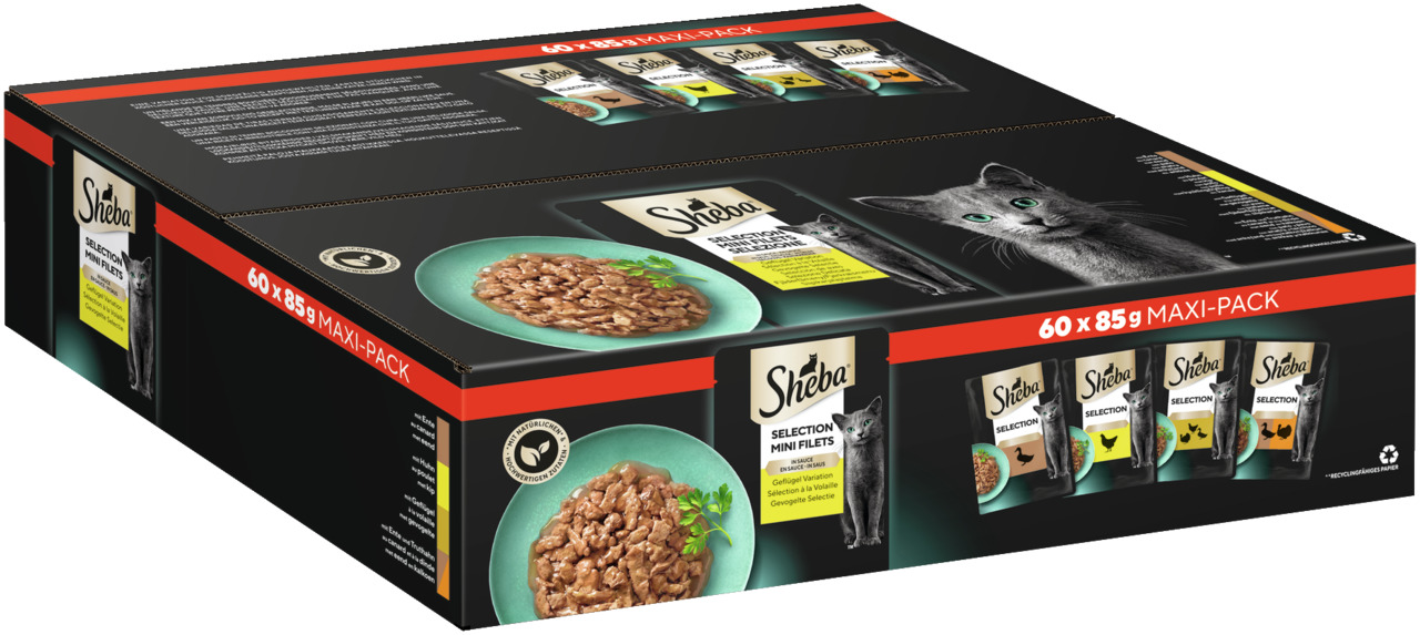 Sheba Selection in Sauce Mini Filets, für ausgewachsene Katzen, Geflügel/Rind/Lachs/Thunfisch, 60x85g Maxi-Pack.