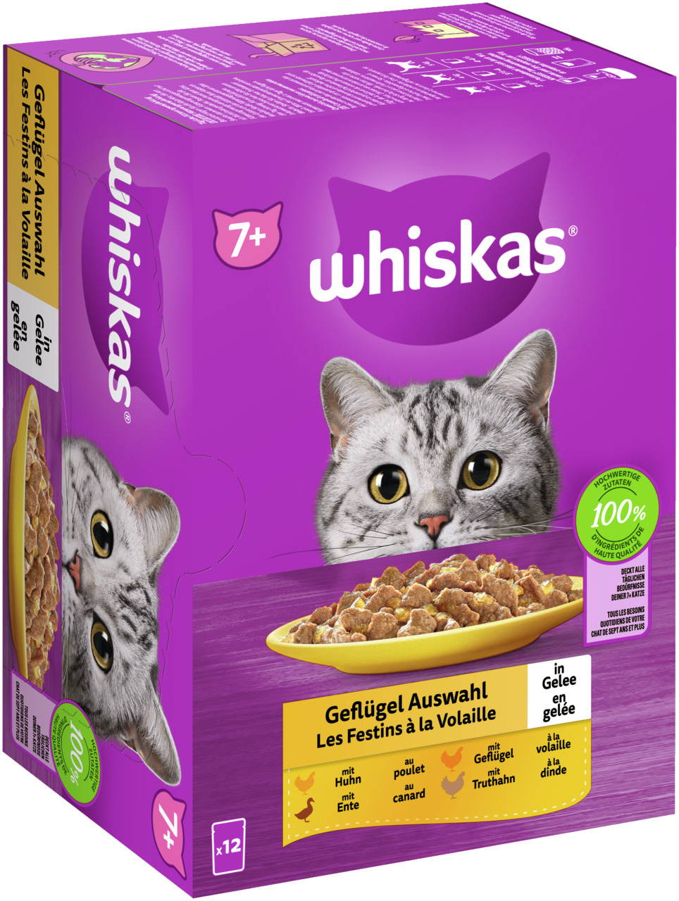 Whiskas Geflügel Auswahl in Gelee, Katzen ab 7 J., 12 Beutel (Huhn, Ente, Truthahn), saftiges Futter, Marke prominent auf Verpackung.