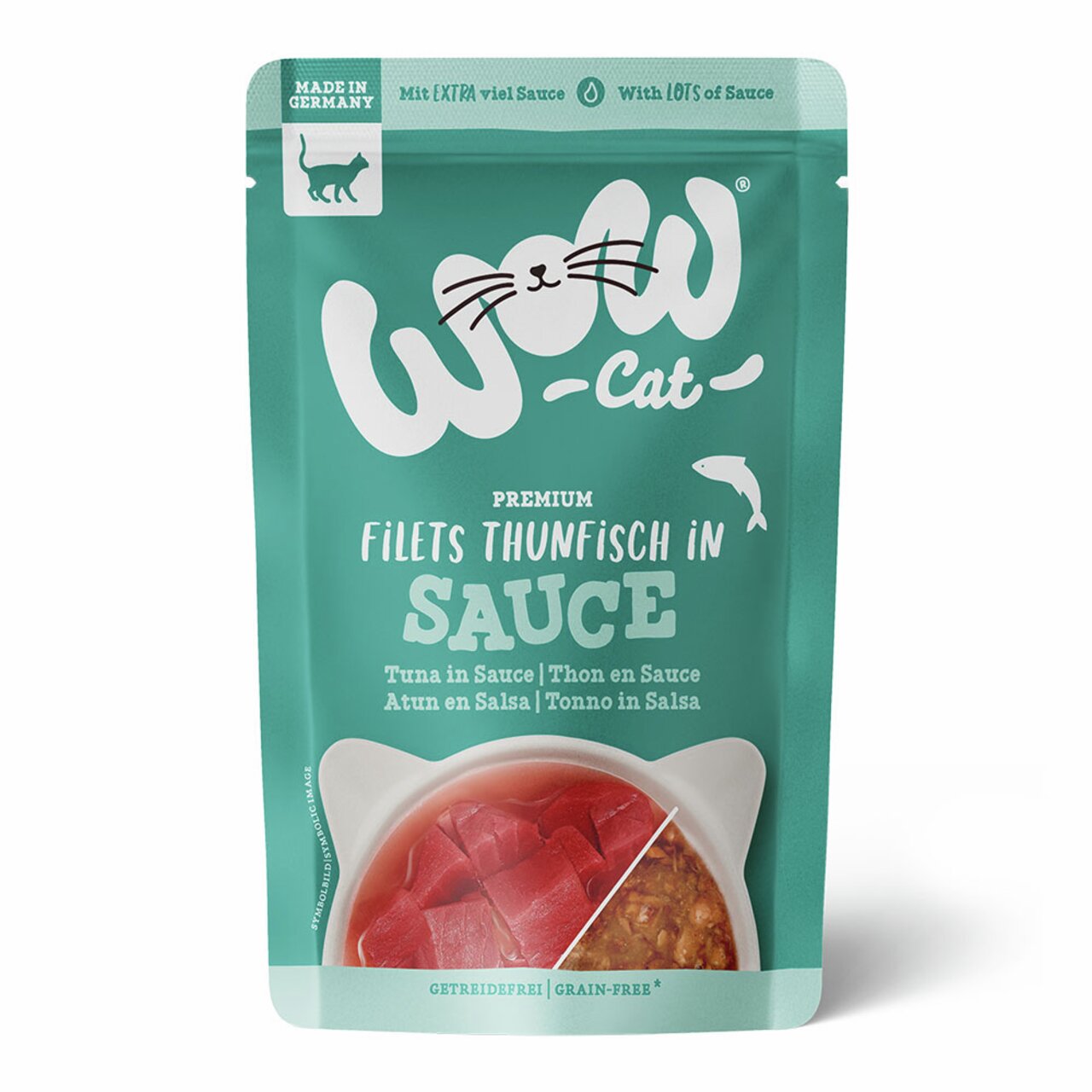 WOW CAT Premium Thunfisch-Filets in Sauce, Getreidefrei, für Katzen, 100 g, mit extra viel Sauce, Made in Germany.