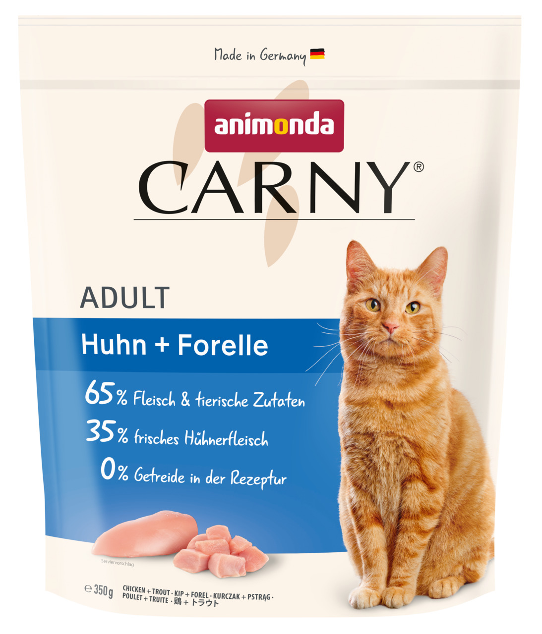 Animonda Carny Adult Katzenfutter, Huhn & Forelle, 350 g, 65 % Fleisch, 35 % Hühnerfleisch, getreidefrei, für ausgewachsene Katzen.