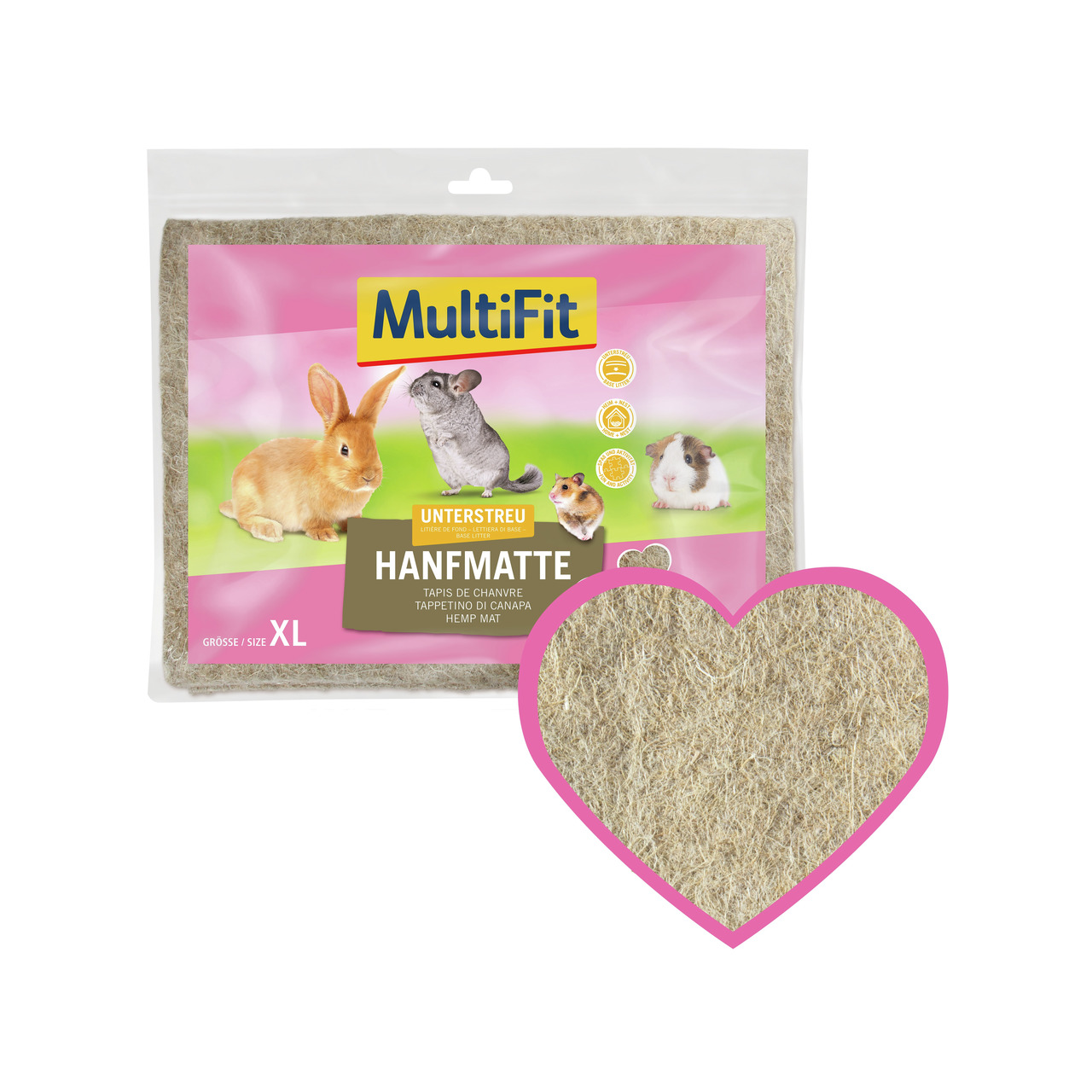 Das Bild zeigt die MultiFit Hanfmatte XL, eine Unterstreu für Kleintiere wie Kaninchen, Meerschweinchen, Hamster und Chinchillas. Die Verpackung ist rosa gestaltet und zeigt Bilder der Zieltiere. Die Hanfmatte ist aus natürlichem Material gefertigt und bi