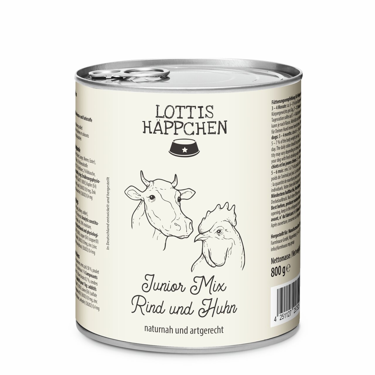 Dose "Lottis Häppchen Junior Mix Rind und Huhn" für Hunde, 800 g, naturbelassen und artgerecht, für junge Hunde geeignet.