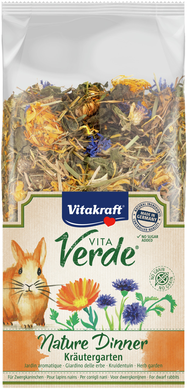 Vitakraft Vita Verde Nature Dinner Kräutergarten, Futter f. Zwergkaninchen, Kräuter+Blüten, getreidefrei, ohne Zucker, hergestellt in DE.