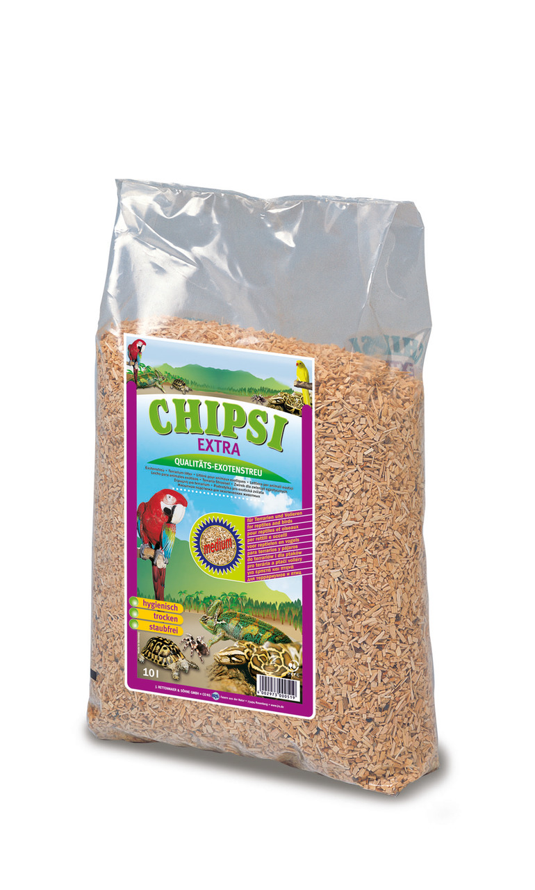 CHIPSI EXTRA Exotenstreu, 10L, für Reptilien, Vögel & Kleintiere, hygienisch, trocken, staubfrei, bunte Illustrationen auf der Packung.
