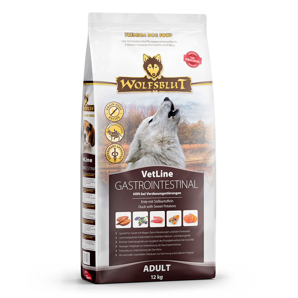 WOLFSBLUT VetLine Gastrointestinal, 12 kg, Ente & Süßkartoffeln, für erw. Hunde mit Verdauungsstör., getreidefrei, diätetisch.