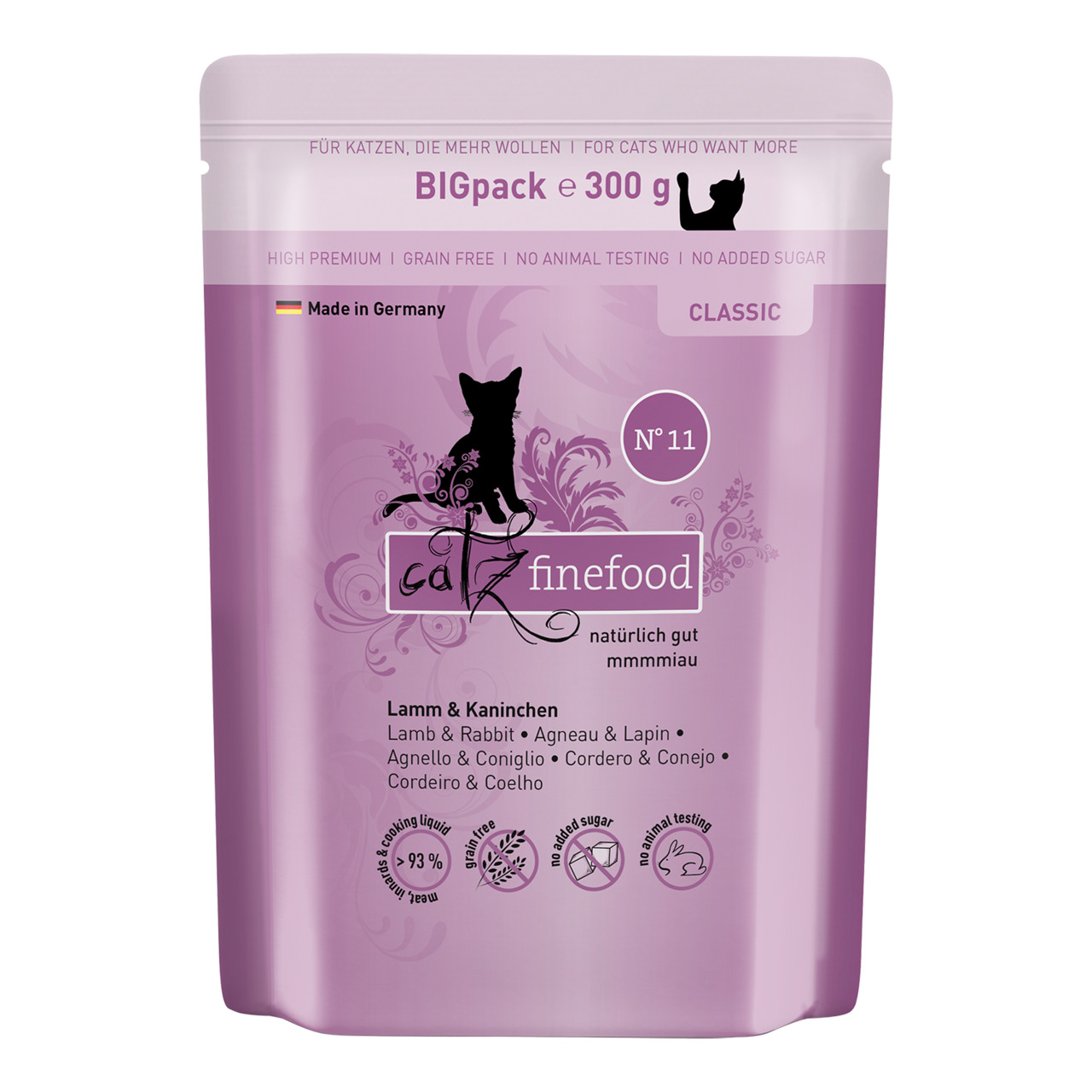 Das Bild zeigt eine lilafarbene Verpackung des Katzenfutters „Catz finefood No. 11“ in der Geschmack