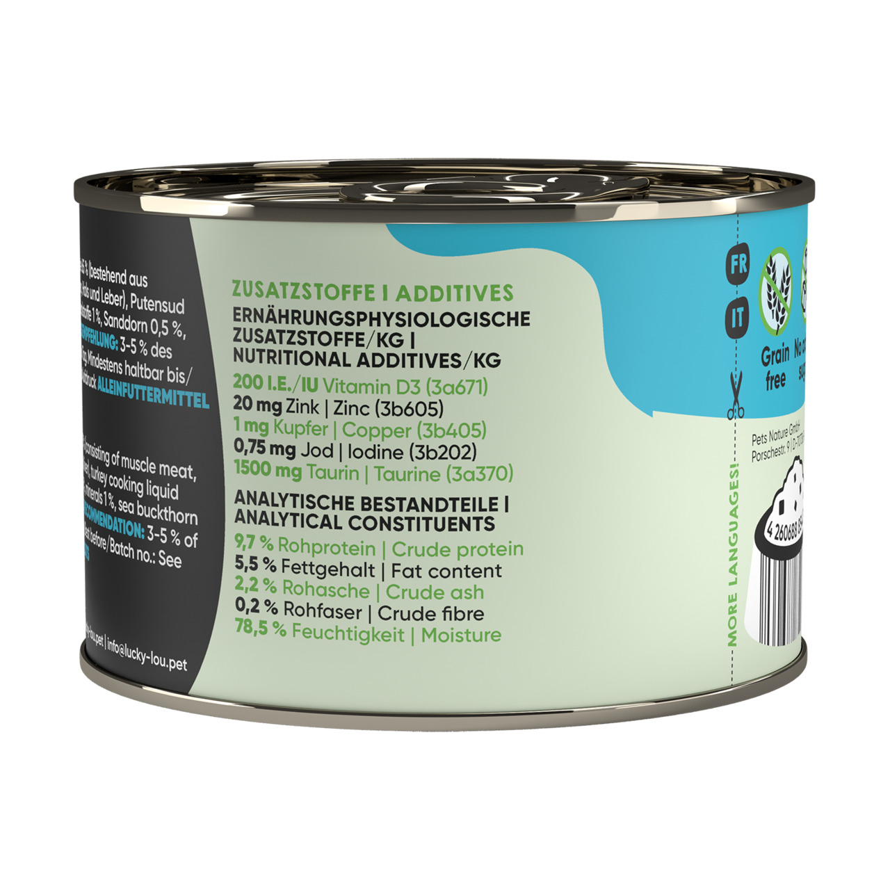 Lucky Lou Nassfutter für Katzen, getreidefrei, hochwertige Zutaten, 9,7 % Rohprotein, 5,5 % Fett, Geschmacksrichtung unbekannt.