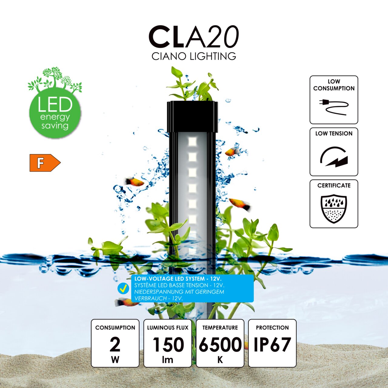 Ciano CLA20 LED-Aquarienleuchte für Süßwasseraquarien, 12V Niedervolt, 2W, 150 lm, 6500K, Schutzklasse IP67, Energieklasse F