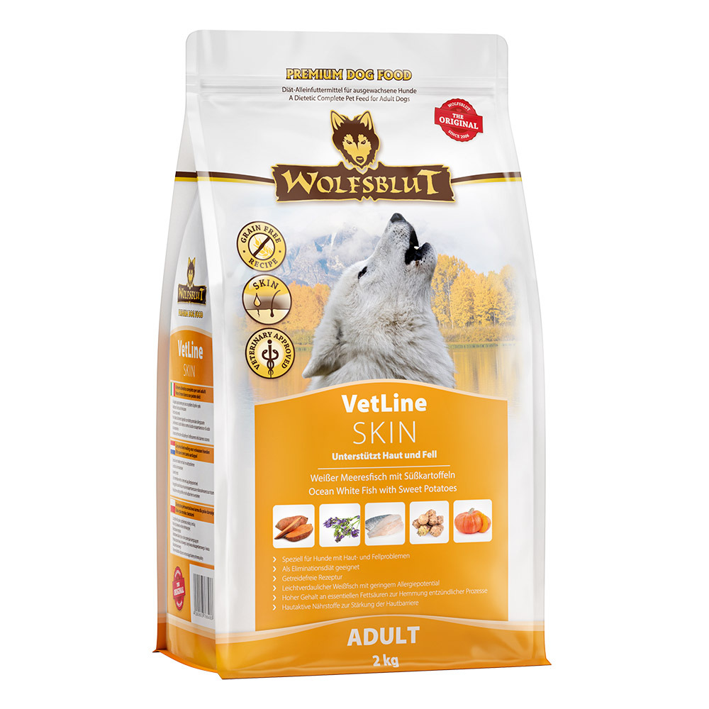 Wolfsblut VetLine Skin, 2 kg, für erw. Hunde, Weißer Meeresfisch & Süßkartoffeln, getreidefrei, unterstützt Haut-Fell, ideal bei Hautproblemen.