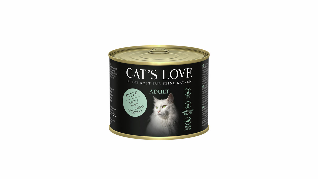 Das Bild zeigt eine schwarze Dose Katzenfutter der Marke "Cat's Love" mit goldfarbenem Deckel. Auf d