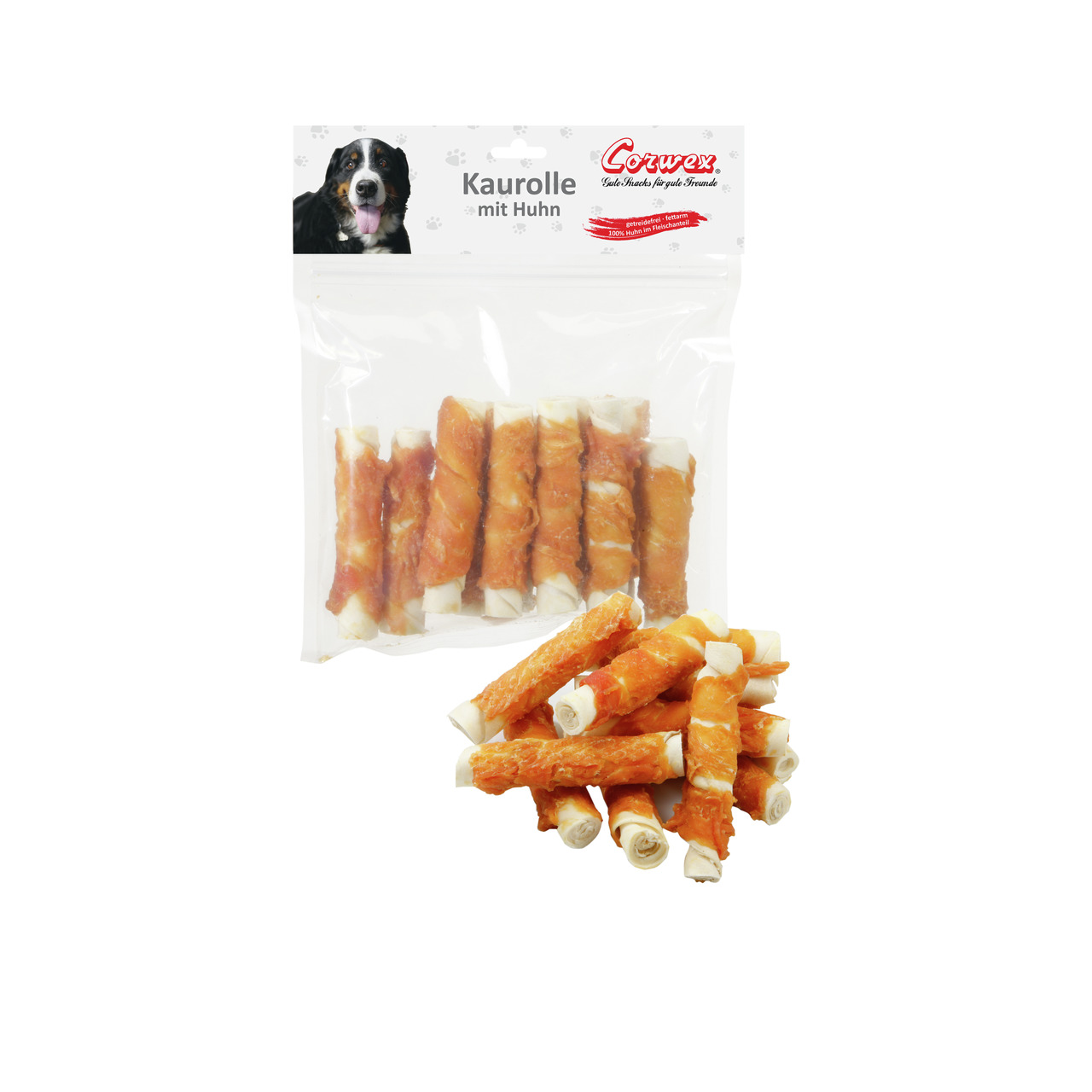 Corwex Kaurolle mit Huhn für Hunde, weißer Kauknochen mit Hühnerfleisch, mehrere Rollen, Verpackung mit Hundemotiv.