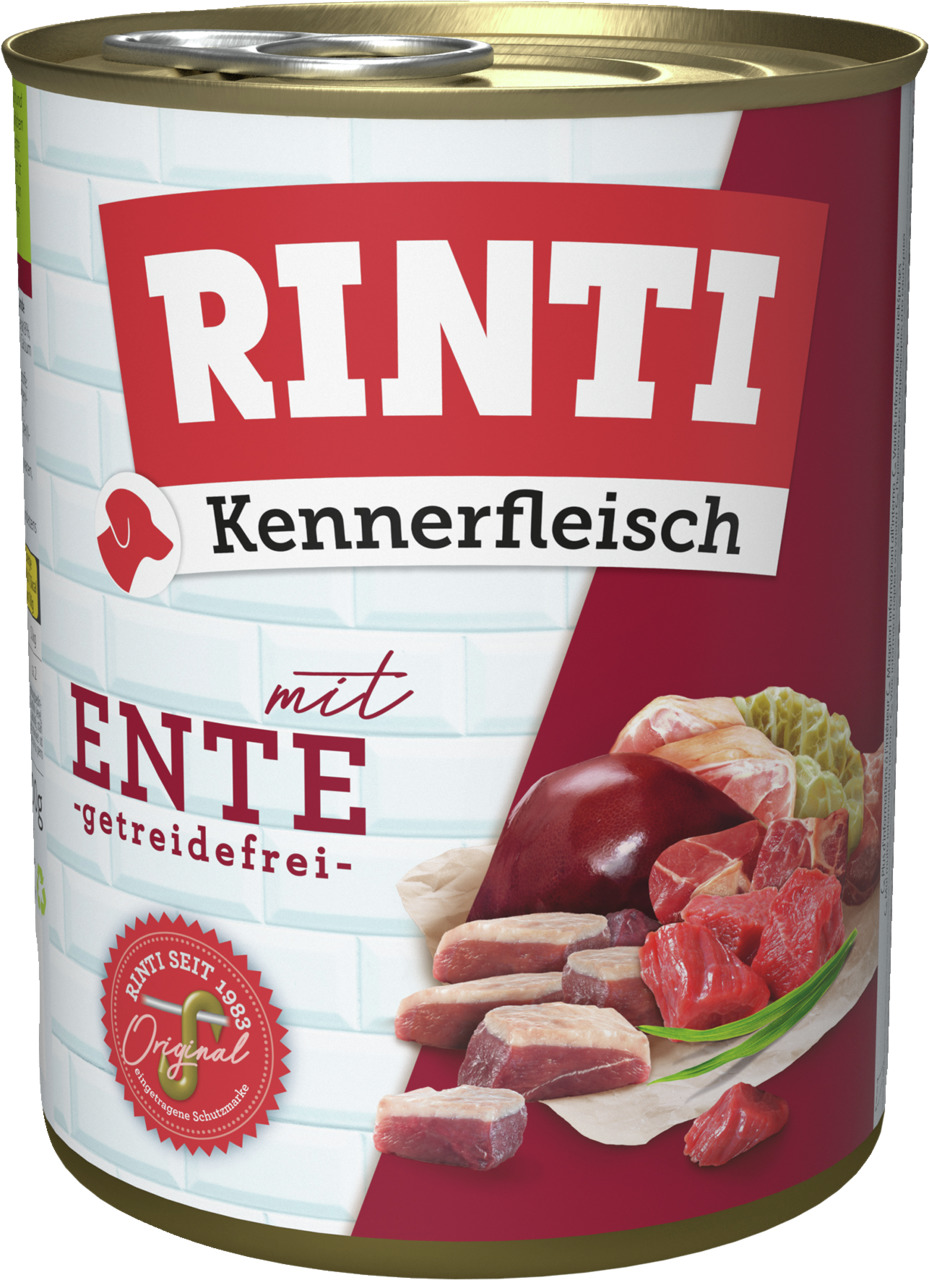 RINTI Kennerfleisch Hundefutter, mit Ente, getreidefrei, frisches Fleisch, Leber & Gemüse, 800 g.