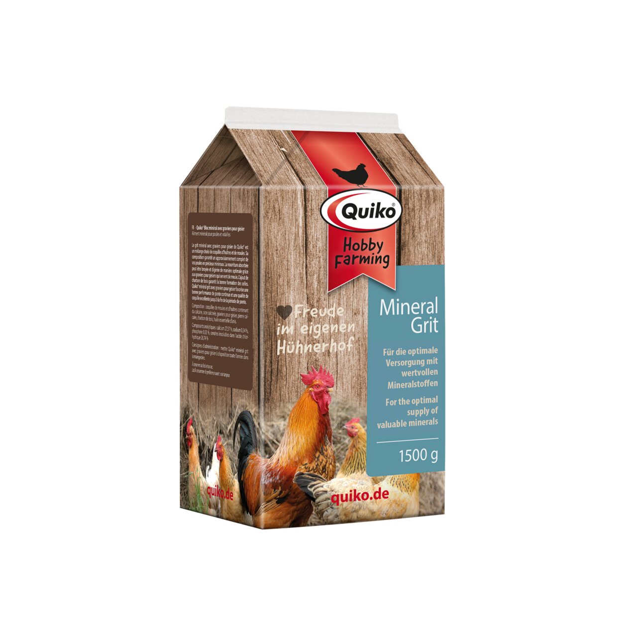 Das Bild zeigt eine Verpackung des Produkts „Quiko Hobby Farming Mineral Grit“ mit einem Gewicht von 1500 g. Es handelt sich um ein Mineralfutter für Hühner, das eine optimale Versorgung mit wertvollen Mineralstoffen gewährleistet. Die Zielgruppe sind Hob