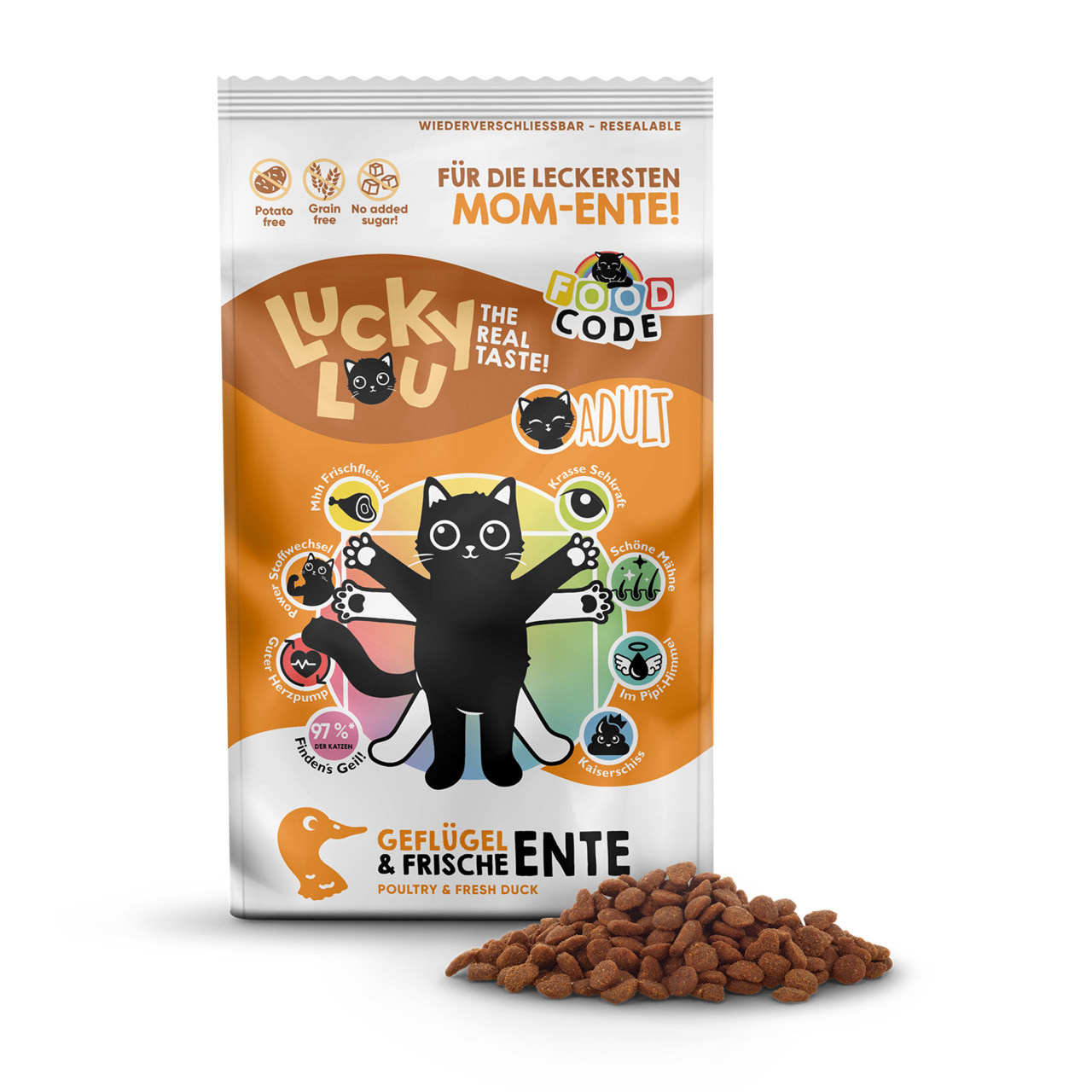 Das Bild zeigt eine Verpackung des Katzenfutters „Lucky Lou Geflügel & Frische Ente“ für ausgewachsene Katzen (Adult). Die Geschmacksrichtung ist Geflügel und Ente. Die Verpackung ist wiederverschließbar und enthält 97 % tierisches Protein. Sie ist orange