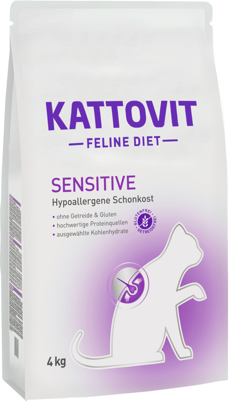 Kattovit Feline Diet Sensitive, 4 kg, für Katzen mit empfindl. Verdauung, hypoallergen, getreide- & glutenfrei, hochwertige Proteine.