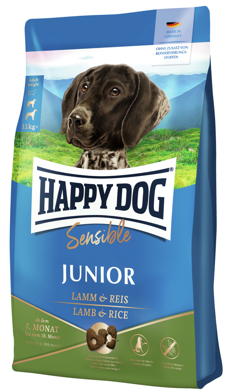 HAPPY DOG Sensible Junior Lamm & Reis, für junge Hunde (7-18 Mon.), 11 kg, getreidefrei, leicht verdaulich, unterstützt Gelenke.